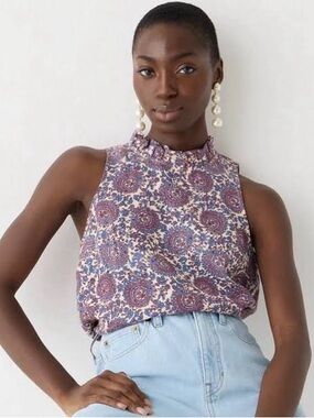 J. Crew Fleur Linen Top Burgundy and Blue Paisley Ruffle Neck Sleeveless